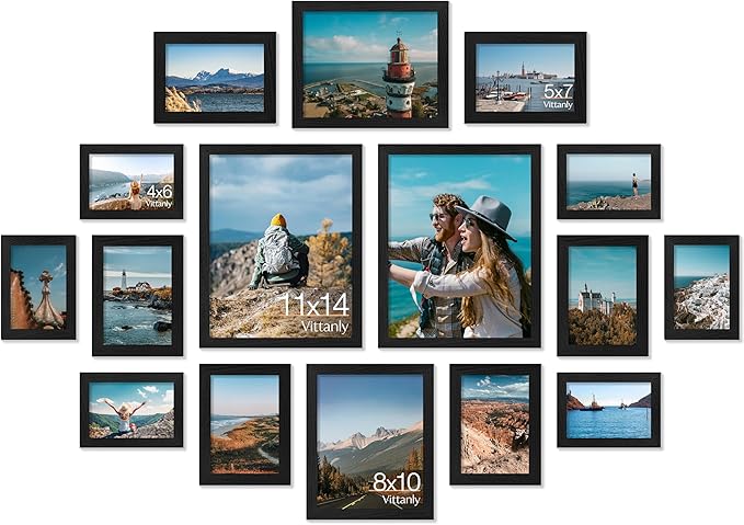 Vittanly 16 Pack Picture Frames, Gallery Wall Frame Set with 2Pcs 11x14, 2Pcs 8x10, 6Pcs 5x7 and 6Pcs 4x6 Photo Frames, Picture Frames Collage Wall Decor for Wall or Tabletop Display, Black