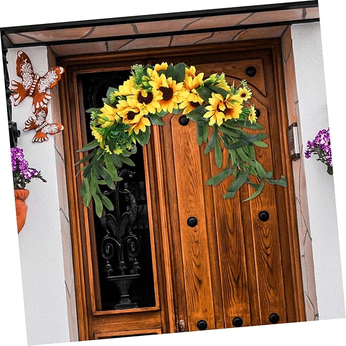 Garneck Artificial Sunflower Floral Swag Wedding Door Wreath Wall Hanging Garden Decor Home Decorative Accessory