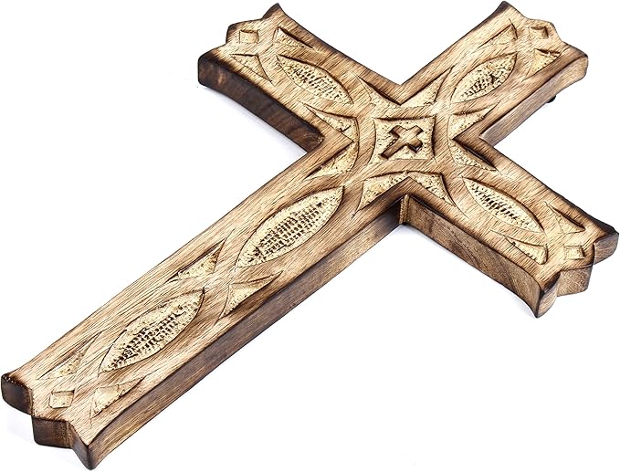 ARTISENIA Wooden Wall Cross Plaque 9" Long Hanging with Hand Carvings Religious Altar Home Living Room Decor