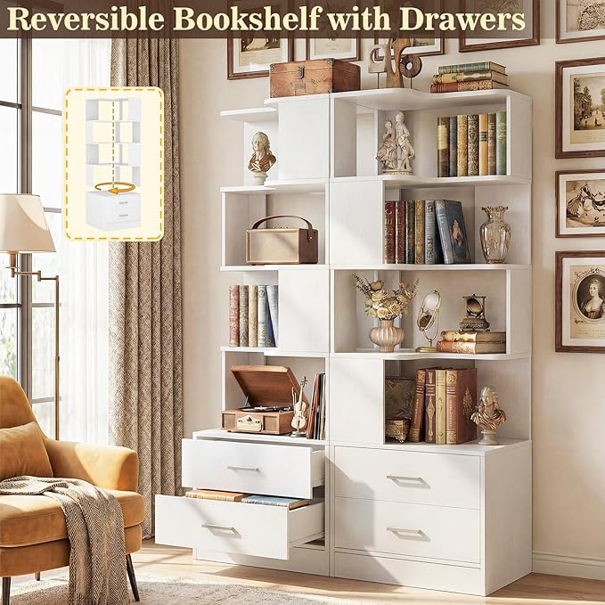 Armocity Corner Bookshelf with Drawers, 7 Tier Corner Book Shelf Display Bookcase, Freestanding L Shaped Bookshelf for Bedroom, Living Room, Home Office, White