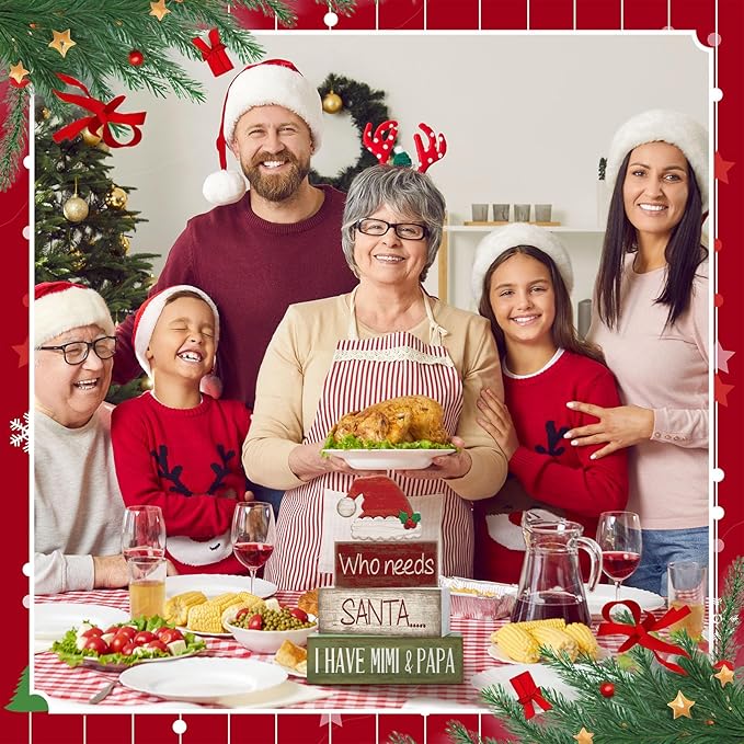 Lineshading 4 Pcs Christmas Table Decorations Wooden Red Santa Hat Christmas Tiered Tray Decor Rustic Wood Santa Hat Block Sign Xmas Centerpiece Mimi and Papa's Gift Decor for Home Shelf Kitchen