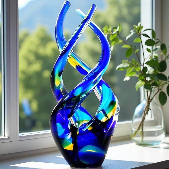 Hand Blown Glass Decor - Cobalt Blue Glass Sculpture - Ocean Theme Spiral Kinetic Figurine, Light Reactive Gradient Decor for Home Office Garden, Ideal Gift for All Occasions