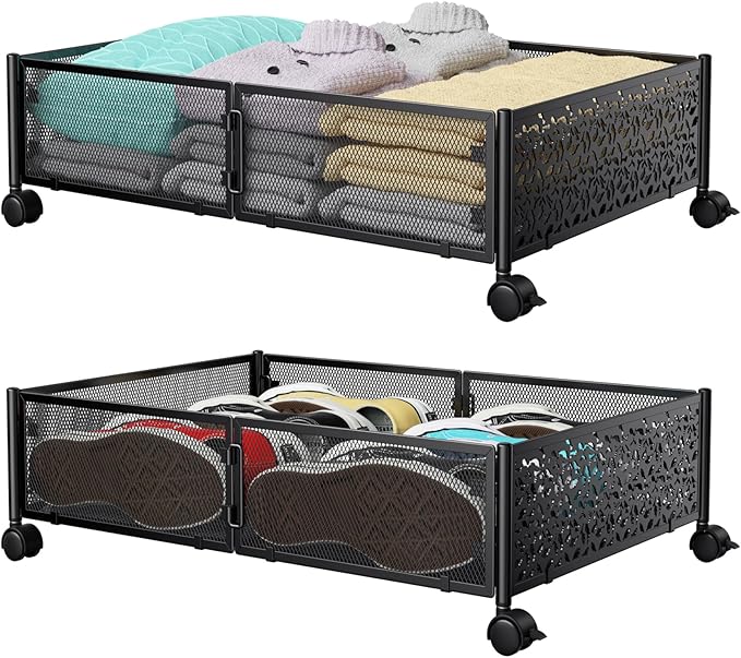 Under Bed Storage Containers with Wheels, Under Bed Shoe Storage Organizer Drawer, Tool-free Assembly Metal Storage Containers for Bedroom Clothes Shoes Blankets -2PCK