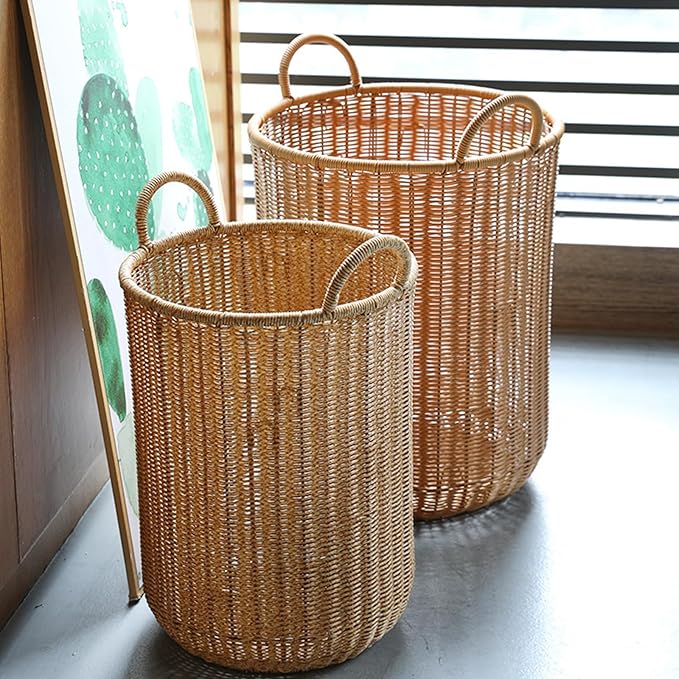 Entryway Tall Round Umbrella Stand with Chassis, Hand Made Imitation Rattan Umbrella Basket, Freestanding Umbrella Storage Basket for Home Office Hallway(28x45.5cm(11x17.9in), Coffee)
