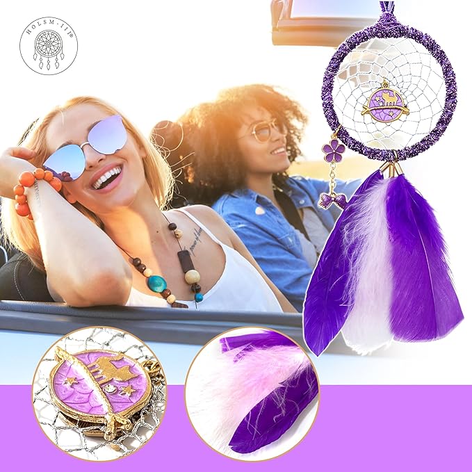 Mini Dream Catchers - Cute Kitten with Turkey Feather, Pastel Purple Flannel, Handmade Small Dreamcatcher for Bedroom, A Dream Catcher for Girls, Dream Catchers for Boys, Dream Catcher Wall Decor