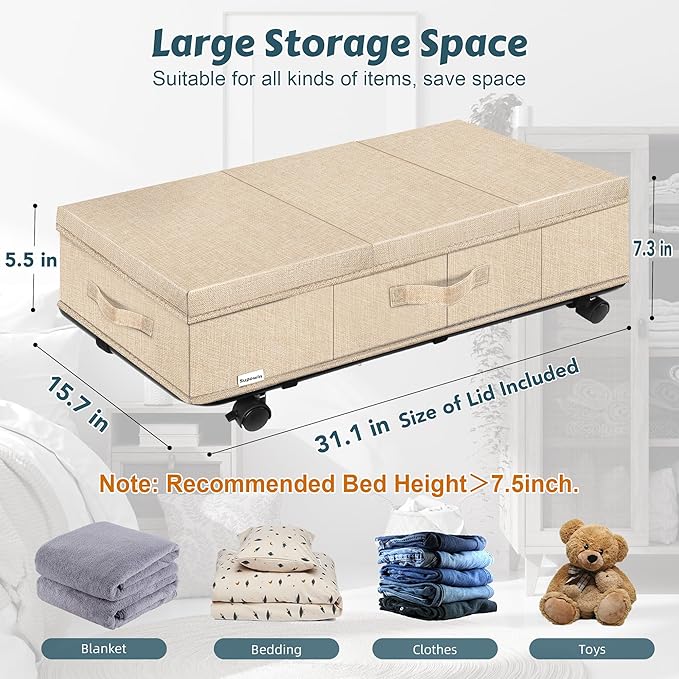 Under Bed Storage with Wheels, Rolling Underbed Storage Containers with Lids, Under Bed Shoe Storage Bins Organizer with Reinforced Metal Bottom Support and Three Handles