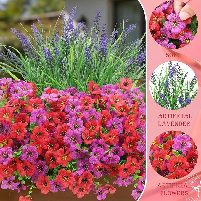 INQCMY Artificial Flowers for Outdoors UV Resistan 12 Pcs Silk Daisies with Eucalyptus Leaves and 2 Pcs Lavender Suitable for Porch Balcony Courtyard Garden (Red Lotus)