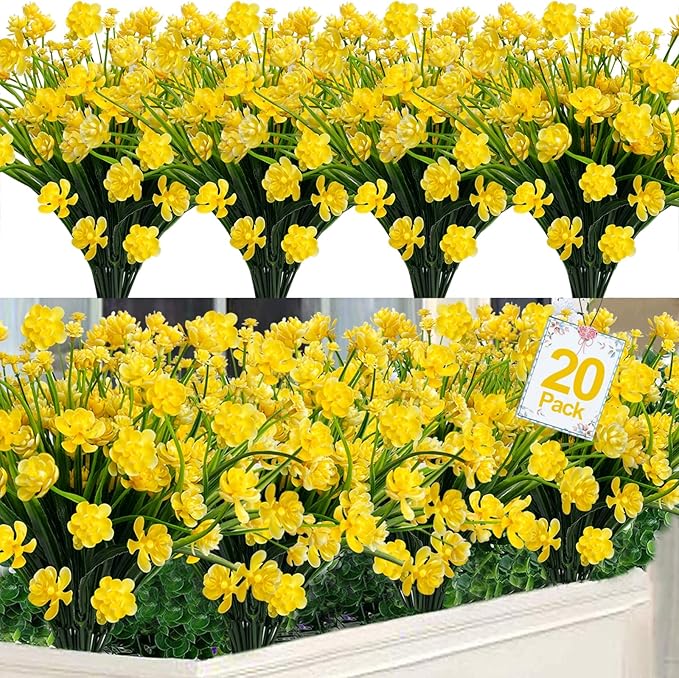 TURNMEON 20 Bundles Artificial Flowers for Outdoors Fake Plants Spring Decor, UV Resistant Artificial Plants Cemetery Flowers Faux Plastic Greenery Shrubs for Porch Yard Summer Decor 500 Heads(Yellow)