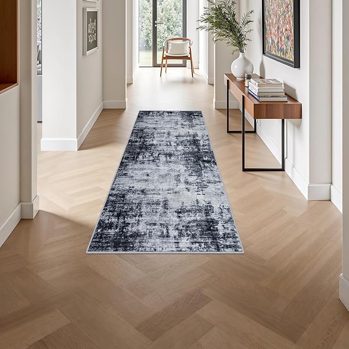2'x5'Runner Rug Washable Rug: Modern Abstract Soft Thin Runner Rug Dark Black