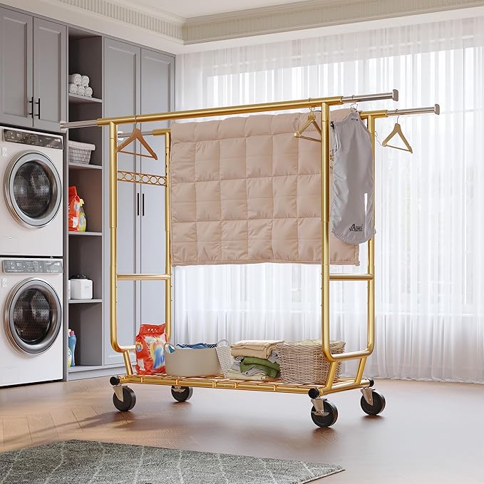 Raybee Clothes Rack Load 630LBS, Heavy Duty Clothes Rack, Rolling Clothing Racks for Hanging Clothes with Wheels, Adjustable & Commercial Garment Rack, 22" D x 75" W x 68" H, Gold