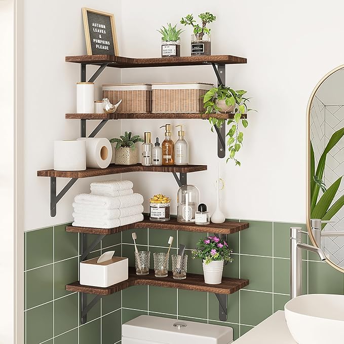 Fixwal Corner Floating Shelves for Wall Set of 5, Rustic Wood Wall Mounted Shelf for Bathroom, Kitchen, Bedroom, Home Decor, Laundry Room, Living Room (Dark Carbonized Black)