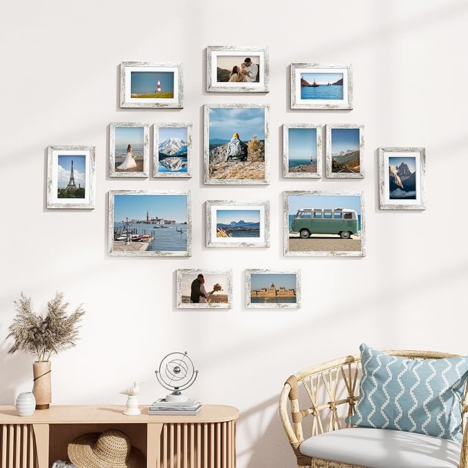 Vittanly 15 Pack Picture Frames Collage Wall Decor for Mounting or Tabletop Display, Gallery Frame Set for Family, Multi Sizes Including 3pcs 8x10, 6pcs 5x7, 6pcs 4x6, Distressed White