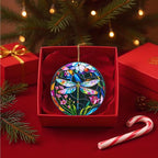 Dragonfly Christmas Ornaments Round Stained Glass Effect Acrylic Dragonfly Ornament for Tree Hanging, Christmas Theme Gift Set for Gifts Lovers, Ornament Wall Art, Thanksgiving Gift