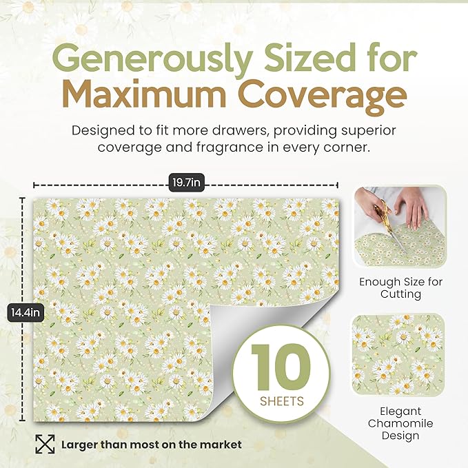 Chamomile Scented Drawer Liners for Dresser Drawers (10 Large Sheets, 19.7" x 14.4") - Non Adhesive Drawer Paper Liner for Bedroom Dresser & Closet Shelves by Linda’s Essentials