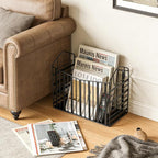 Noamus Metal Magazine Holder, Document File Rack with Handle, Newspaper Book Folder Mail Organizer Bin, Iron Wire Tablet Storage Basket Stand for Home Office Bathroom Bedroom Den Living Room, Black