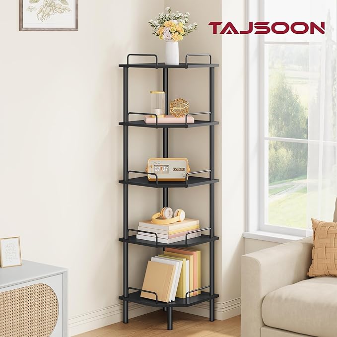 Tajsoon Corner Shelf Stand, 5 Tier Industrial Corner Shelves, Multipurpose Standing Display Shelf, Corner Shelving Unit for Bedroom, Living Room, Office, Kitchen, Black
