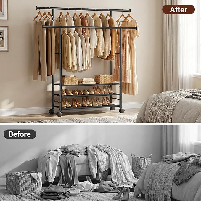 SLEEPING LAMB 44" Double Rods Clothes Rack for Hanging Clothes, Sturdy Wardrobe Clothing Rack with 3 Tier Shelves, Portable Rolling Garment Rack With Wheels for Bedroom, Laundry Living Room, Black