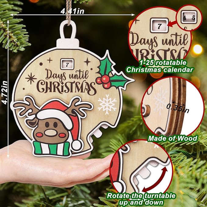 Christmas Elk Snowflake Ornaments for Trees Decorations, Wooden Countdown Hanging Pendant Charms Xmas Reindeer Decorative DIY Craft Hanging Ornaments for Christmas Decorations