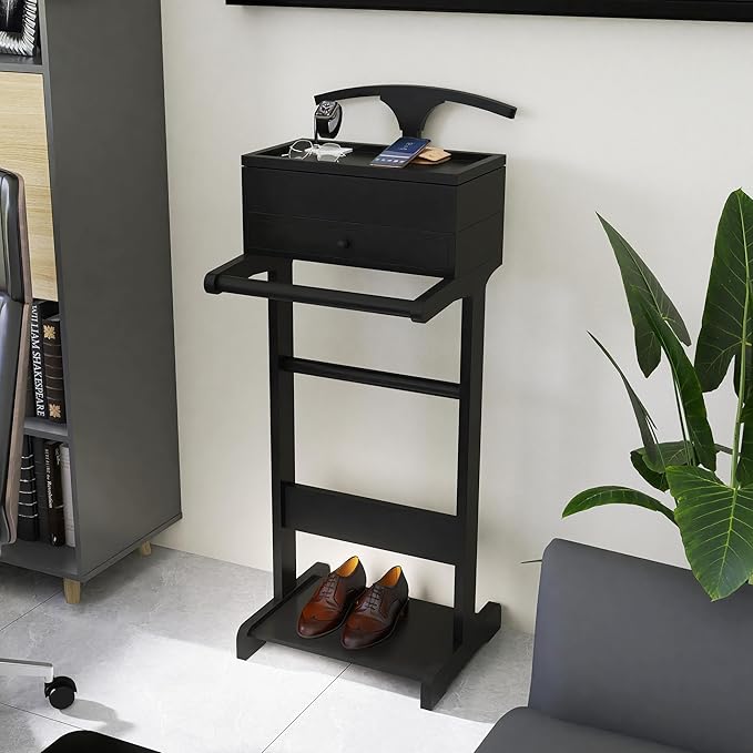 Mens Valet Stand with Drawer, Tray, Shoe Shelf and Suit Rack, Wooden Clothing Rack for Men Women, Clothes Valet Stand for Bedroom Entryway
