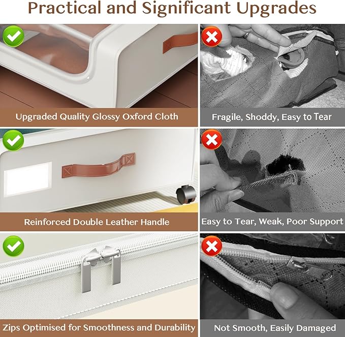 Under Bed Storage with Wheels, UnderBed Storage Containers with Clear Lid and Handles, XXL 60L Under the Bed Storage Bins Drawers for Clothes,Blankets,Shoes,Books (WHITE, 2 PACK)
