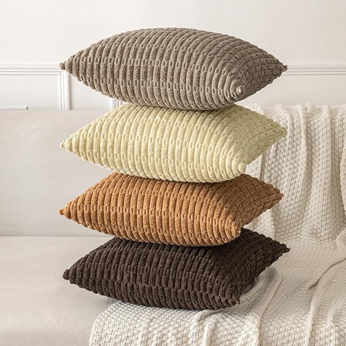 MIULEE Pack of 2 Corduroy Decorative Throw Pillow Covers 20x20 Inch Soft Boho Striped Pillow Covers Modern Farmhouse Home Decor for Sofa Living Room Couch Bed Brown