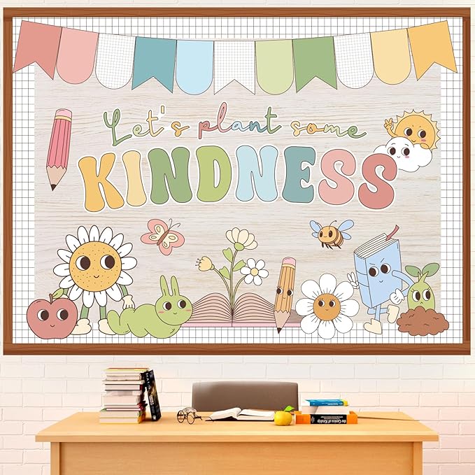 Pajean Let's Plants Some Kindness Bulletin Board Set Boho Back to School Classroom Decorations Sunflower Pencil Book Apple Paper Cutouts with Borders for First Day of School Library Decor Supplies