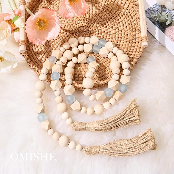 OMISHE Wood Bead Garland with Tassels 52 Inches, Octagonal Handmade Wooden Beads with Blue Acrylic Beads, Boho Wooden Beads Home Decor, Farmhouse Beads Garland for Tiered Tray Decor Beach Decor