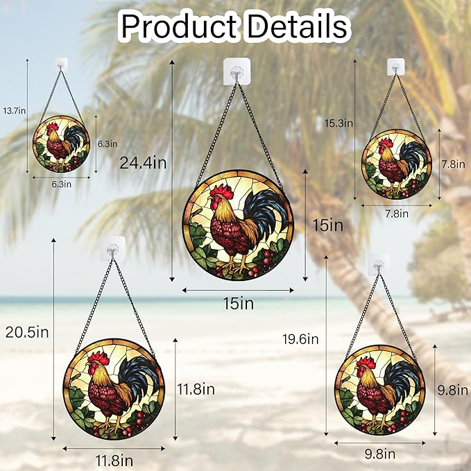 Stained Glass Window Hanging, Colorful Big Cock Sun Catcher for Window Door Home Decor, Chicken Suncatcher Christmas Mother's Day Birthday Gifts for Women Men Mom and Nana 7.8 in