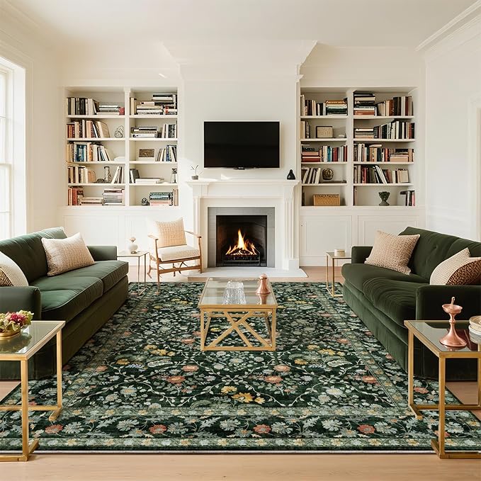 Vintage Botanical Dark Green Area Rug 9x12 Elegant Floral Pattern, Durable Stain-Resistant Fabric, Perfect for Living Room, Bedroom, Dining Room Decor