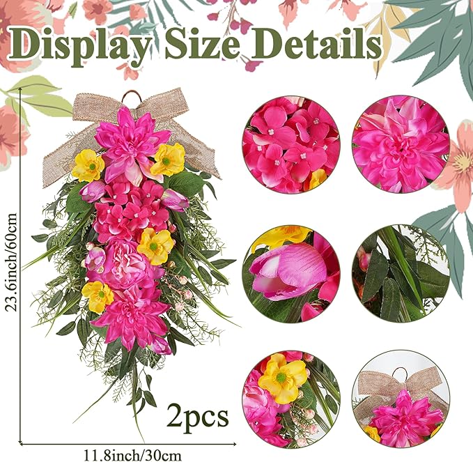 2 Pcs Pink Teardrop Swag Wreaths for Front Door 23.6" Hydrangea Floral Swag Wreath with Dahlia Tulip Summer Spring Swags for Front Door Porch Wall Window Farmhouse Decorations