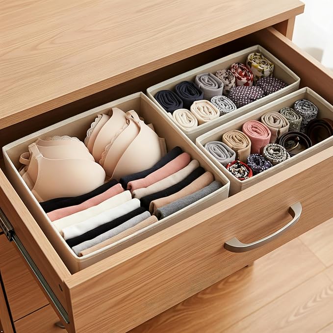 Underwear Drawer Organizer 2 Pack - Foldable Fabric Storage Bins for Dresser & Closet, Khaki Sock and Bra Dividers, 2 Sizes for Bedroom Organization