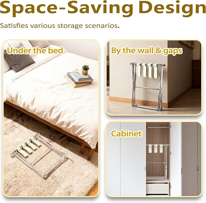 Acrylic Luggage Rack for Guest Room,Folding Luggage Rack with Leather Straps,Holds up to 120 lbs Suitcase Stand for Bedroom, Living Room and Hotel (Beige Leather)