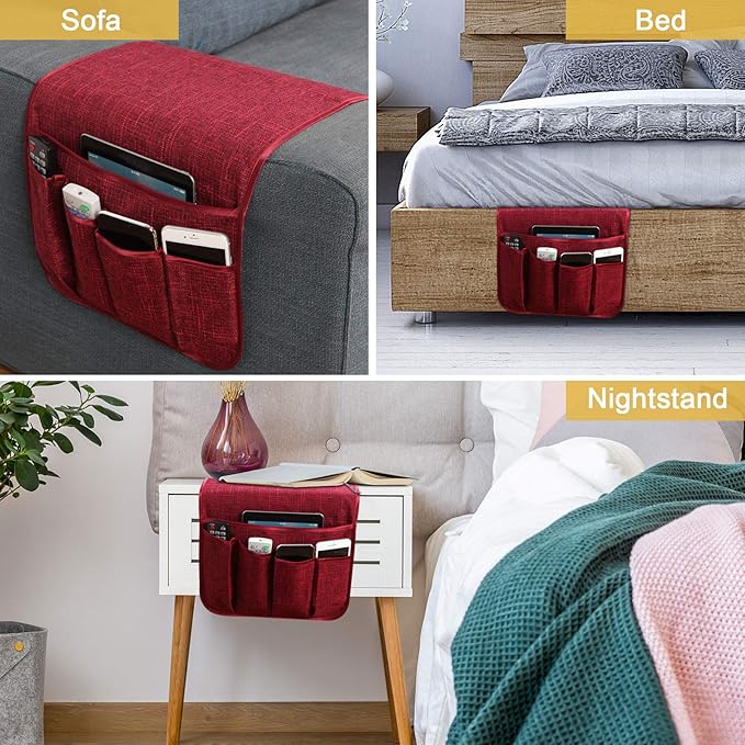 Sofa Armrest Organizer Non-Slip Remote Control Holders for Recliner Couch Chair Armchair Caddy with 5 Pockets for Table,Cell Phone,Ipad,Magazines,Books (Winered, 13 x 35 Inch)