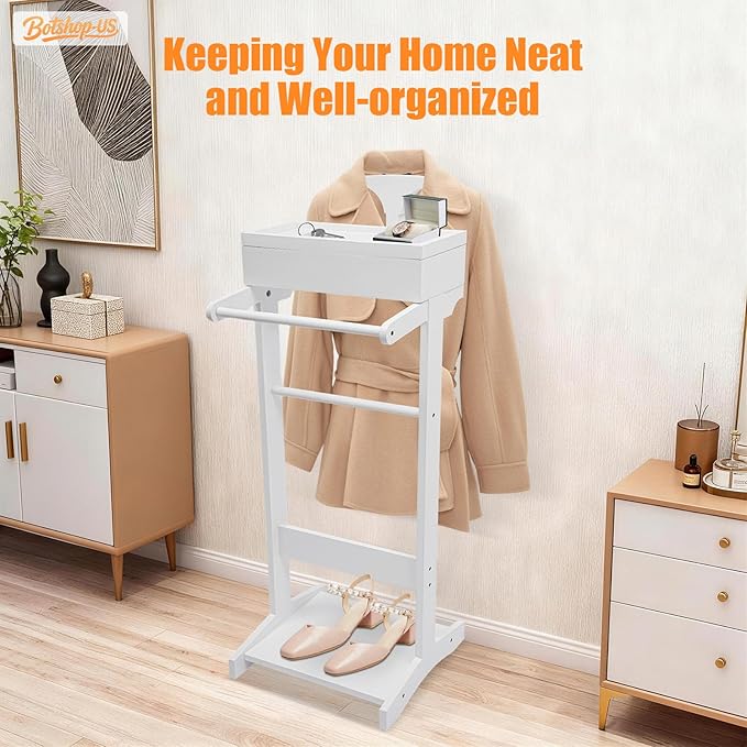 Gdrasuya10 Wood Suit Rack Suit Stand for Man and Women Clothes, Freestanding Valet Stands with Drawer & Holder for Entryway Office Living Room, 22 lbs Load, Space Saving (White)