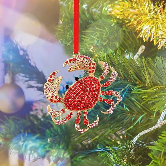 SICOHOME Crab Ornaments for Christmas Tree - Coastal Sea Ocean Hawaii Beach Themed Christmas Hanging Ornament with Rhinestones for Christmas Tree Gifts for Ocean Love rand Nautical Enthusiast Red