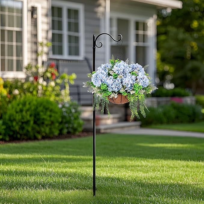 Artificial Hanging Hydrangea Flowers with Basket for Outdoor Spring Decoration, Fake Silk Hydrangea Flower Outdoor Indoor Arrangements, Fake Hanging Plants for Balcony Garden Yard Decor(Blue)