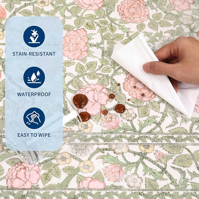 GarveeHome Pink and Green Vintage Floral Washable Rugs 6x9 for Living Room Boho Retro Botanical Rug Low Pile Stain Resistance Non Slip Carpet for Bedroom Nursery Dining Room