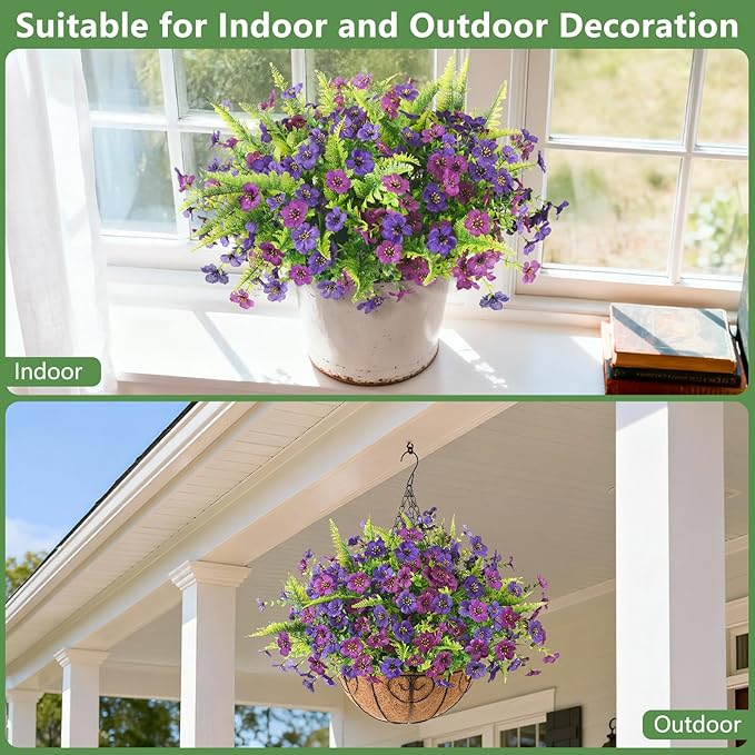 Artificial Flowers for Outdoors, 12 Bundles Multicolor Silk Fake Flower with Ferns for Spring Summer Decoration, UV Resistant Artificial Outdoor Faux Plants for Home Planter Porch Patio Yard Decor