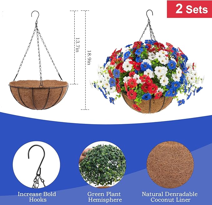 Hananona 2 Set Artificial Outdoor Flowers with Hanging Basket, 2 Hanging Planters with 24 Pcs Flowers for Summer Front Porch Garden Patio 4th of July Home Decor (2, Red, White, Blue)