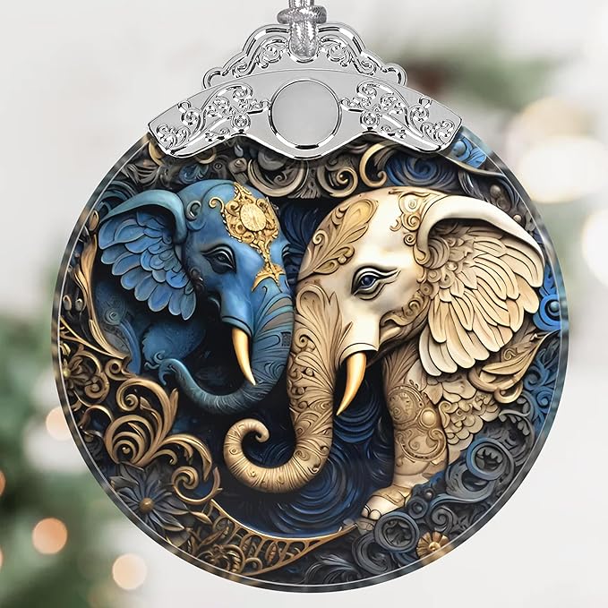 Elephant Christmas Ornament - Stained Glass Hanging Decoration for Holiday Tree, Home Decor - Gift Exchange Idea