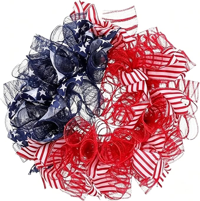 Patriotic Wreath for Front Door Red White Blue Wreath 4th of July Wreaths for Door Wall Memorial Day Decor Independence Day Hanging Decoration for Outside Home Farmhouse Holiday (Mesh)