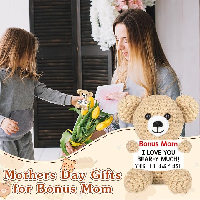 WELLBANEE Mother Gift Bonus Mom, Handmade Crochet Bear for Sentimental Mothers Day Birthday Present for Stepmom, Appreciation Keepsake for The Best Bonus Mom Ever, Small Desk or Shelf Décor Bear