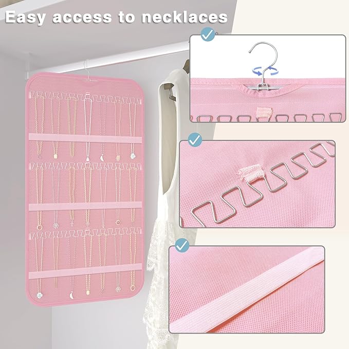 Hanging Jewelry Organizer Storage, 40 Pockets 36 Hooks Necklace Earring Necklace Bracelet Ring Organizer, Double - Sided Design, Pink