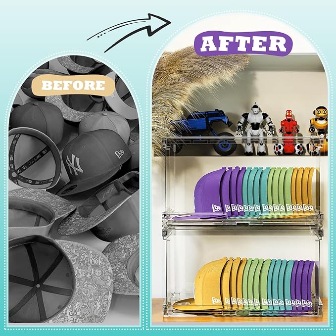 4 Pack Large Hat Organizer Box, Stackable Clear Baseball Caps Holder Box Containers with Sliding Door for Hats Snapback Cap Storag, Hat Rack Display Case, Holds 20 Hats Each -Clear