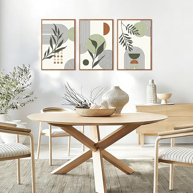KAlRNE Sage Green Boho Beige Framed Canvas Wall Art Set of 3(16”X24”),Abstract Geometric Line Leaf Wall Decor,Botanical Minimalist Neutral Art Prints For Living Room Bedroom Office