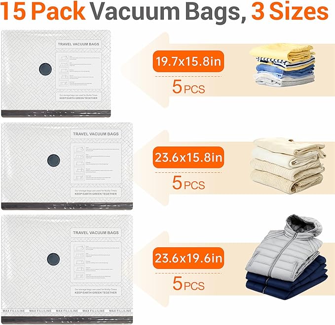 Vacuum Storage Bags for Travel with Electric Wireless Pump, Travel Compression Bags for Luggage, Space Saver for Backpack & Suitcase, 15 Pack Combo