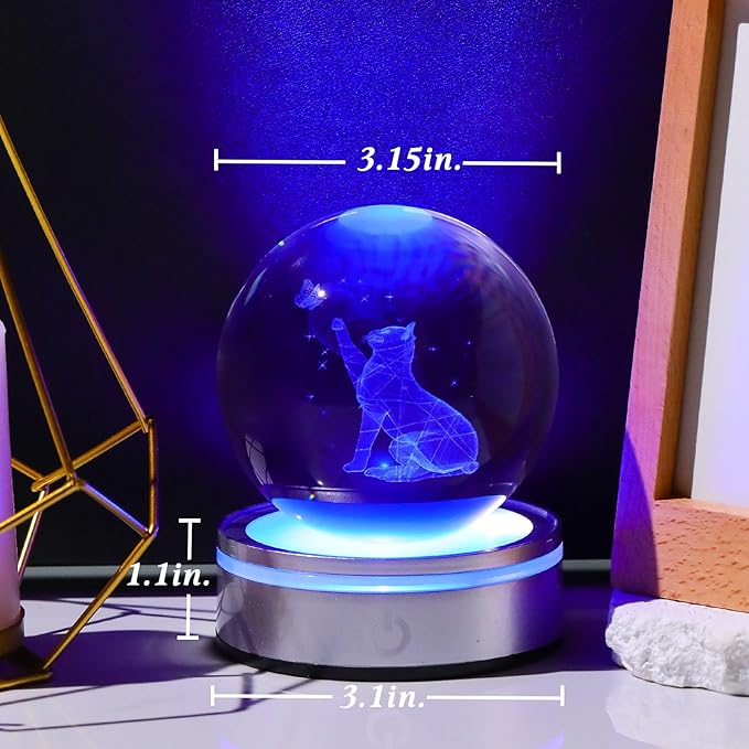 Movdyka Cat Lovers Gifts: 3D Crystal Ball Cat Figurines, Home Office Decor Night Light Snow Globes - 3.15"/8CM