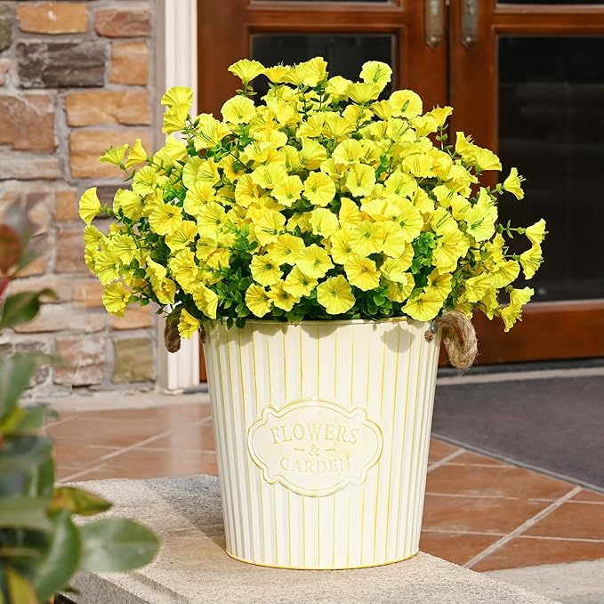 Waipfaru Artificial Flowers for Outdoors, 24 Bundles Faux Plants Outdoor, UV Resistant Artificial Plants, Silk Petunias Fake Flowers for Outside Home Decor Planter Porch Decoration, Yellow