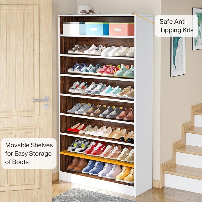 Tribesigns Tall Shoe Cabinet, 9 Tiers 40-45 Pairs Heavy Duty Wood Freestanding Shoe Storage Cabinet, 70.8'' Tall Shoe Cabinet with Open Storage for Entryway (1, White/Brown)