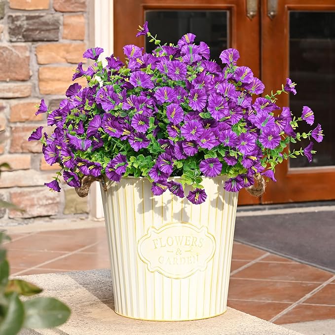 Waipfaru Artificial Flowers for Outdoors, 24 Bundles Faux Plants Outdoor, UV Resistant Artificial Plants Outdoor, Silk Petunias Fake Flowers for Outside Home Decor Planter Porch Decoration, Purple
